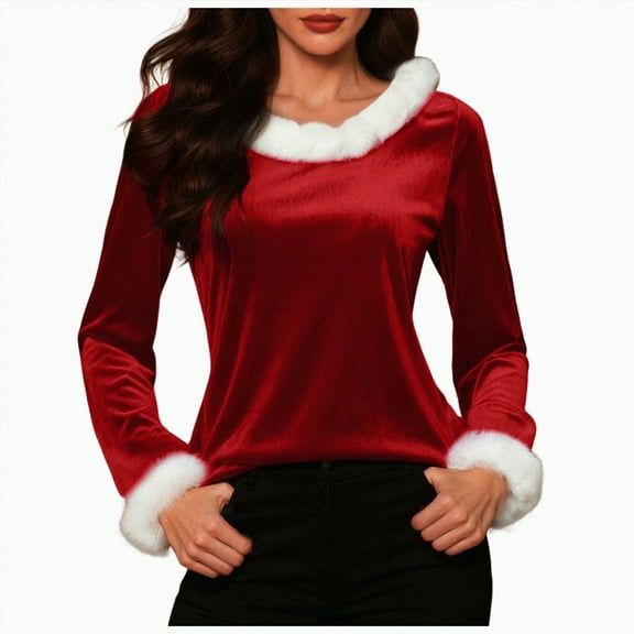 UngA Christmas Tops for Women - Xmas V Neck Warm Fuzzy Trim Sweaters Casual Loose Christmas Sweatshirts for Women Velvet Long Sleeve Pullover (Red,XL)