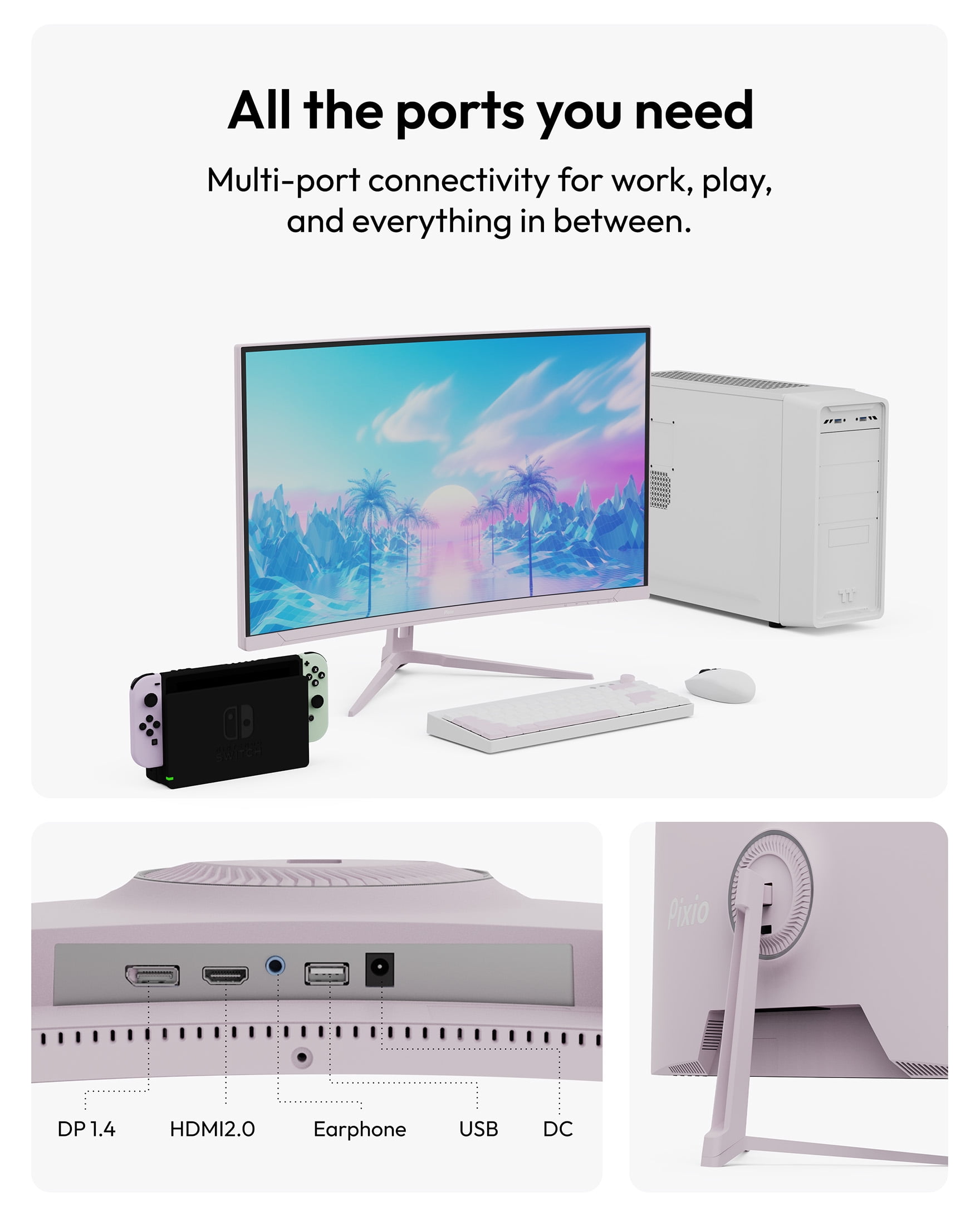Pixio PXC248 Wave Pink 24 inch 200Hz Refresh Rate FHD 1080p Resolution 1500R Curve Fast VA Panel 1ms GTG Response Time Adaptive Sync HDR Curved Gaming Monitor