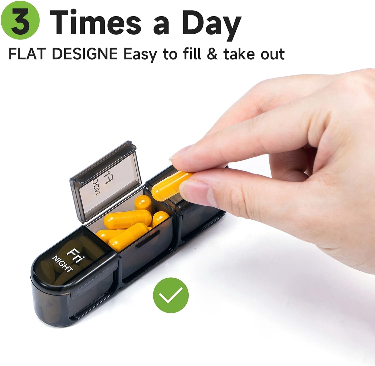 Pill Organizer 3X a Day, Weekly Pill Box 7 Day, Travel Pill Case with Large Containers, Light-Proof Pill Case for Vitamins, Medication, Supplements and Fish Oils (Black)