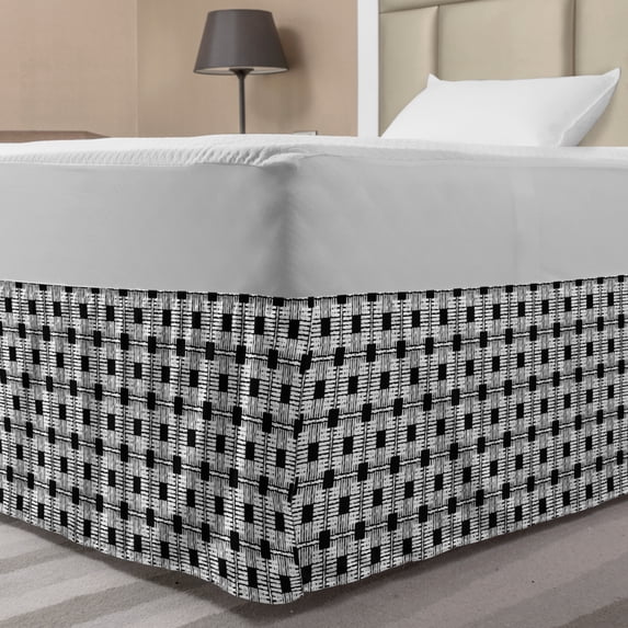 Abstract Bed Skirt, Continuing Monochrome Artwork of Squares and Stripes Simplistic Details, Elastic Bedskirt Dust Ruffle Wrap Around for Bedding Decor, 4 Sizes, Charcoal Grey White, by Ambesonne