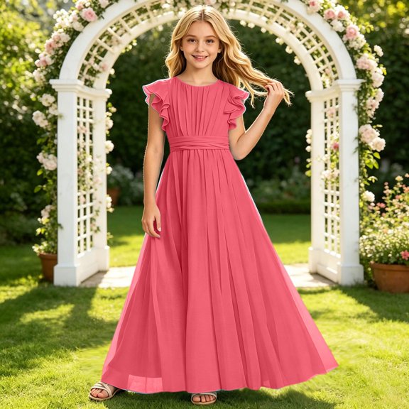 HAYIMI Child Chiffon Dress For Girls Summer Party Wear Soft Flowy Toddler Formal Evening O-Neck Flutter Sleeve Cute Dresses