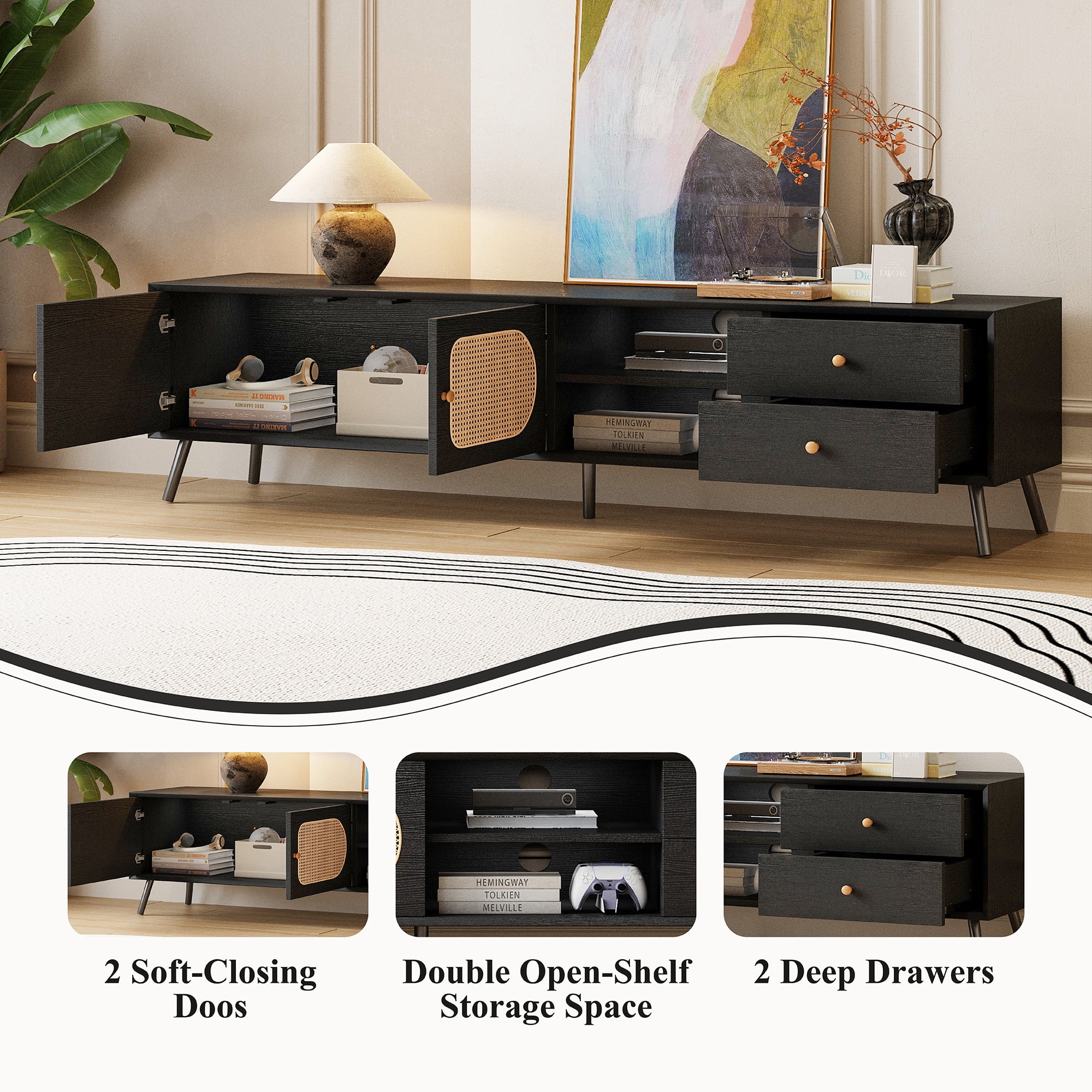 PAPROOS TV Stand for 80 inch TV, TV Cabinet with 2 Drawers & Rattan Door, Mid Century TV Console Table with Storage Cabinets, Entertainment Center for Living Room, Office, Black