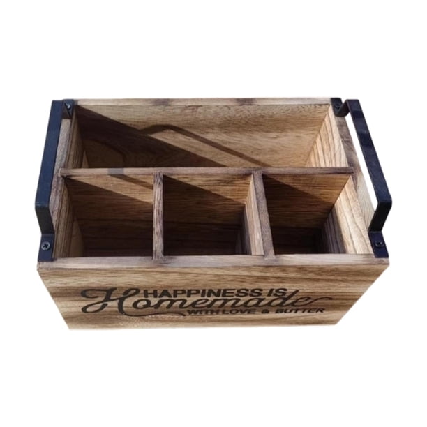 Porta Utensilios de Madera Rústico con 4 Compartimentos para Decoración Del Hogar, Cucharas, Cuchillos Y Tenedores.