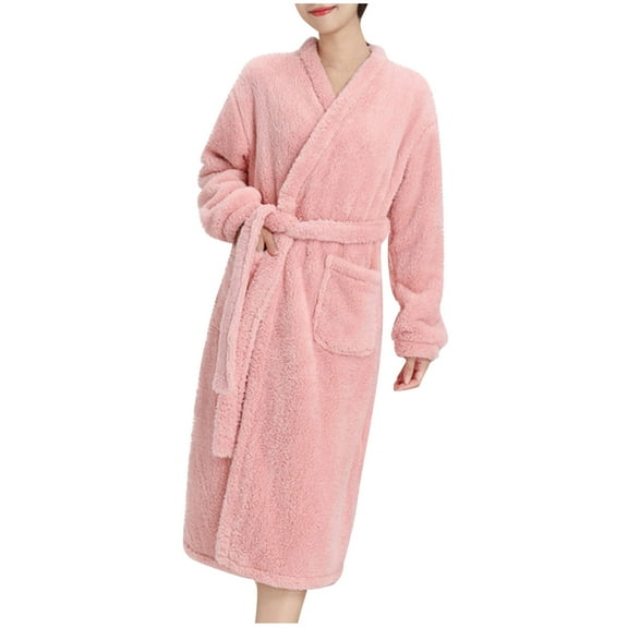 Htigea Fleece Bath Robes for Women Belted Shower Wrap Robe Plush Warm Winter Nightgown Loungewear with Pocket Pink,Free Size