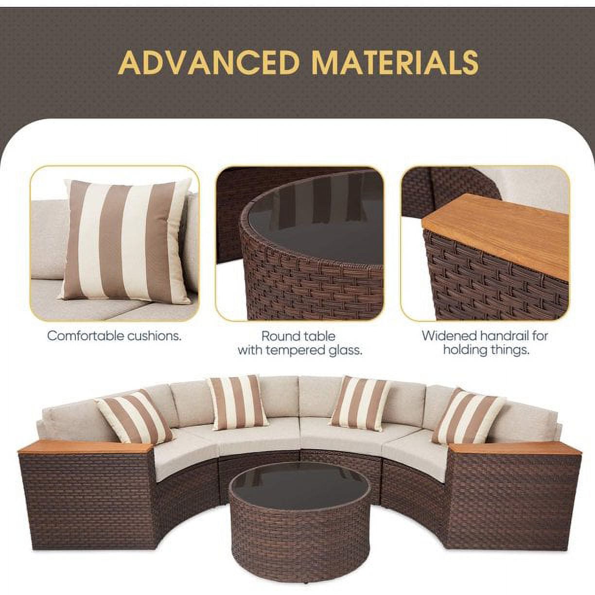 SOLAURA 5-Piece Patio Furniture Outdoor Half-Moon Sectional Sofa Set Patio Brown Wicker Conversation Set with Beige Cushions & Glass Coffee Table