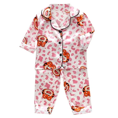 

HIBRO Toddler Kids Baby Boys Girls Satin Cartoon Button Down Shirt Tops + Long Pants Silk Pajamas Sleepwear Outfits Loungewear Set Baby Girl Tubs for Newborns Girl Robes