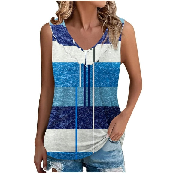 Lenpel Women's Tank Tops Summer Casual Ruffle Trim V Neck Color Block Sleeveless T-Shirts Camisole Tunic Tees