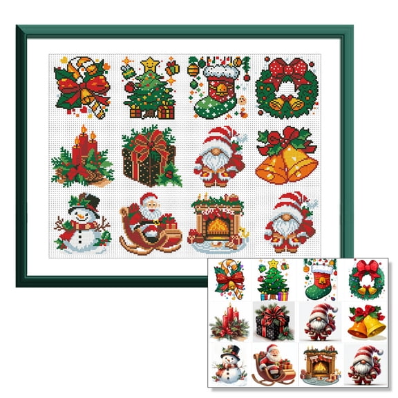 12-Piece Christmas Cross Stitch DIY Kit, Complete Embroidery Craft Set with Cartoon Patterns, Handmade Ornament Project for Holiday Decoration