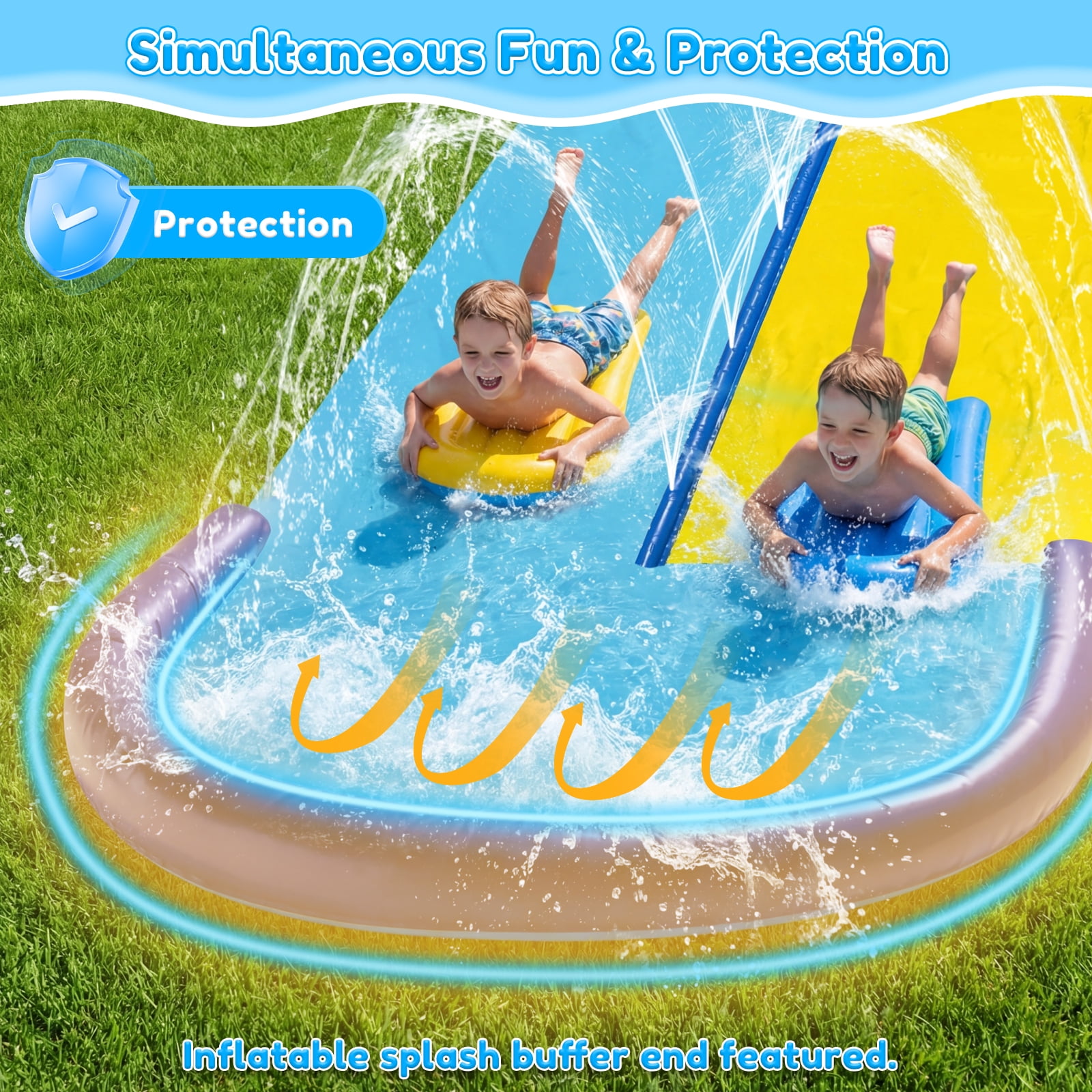 Teblint 22.3FT Double Lawn Water Slides, Heavy Duty Water Slip Splash Pad with Built in Sprinkler & 2 Bodyboards for Backyard Outdoor Water Fun Toys for Kids Adults