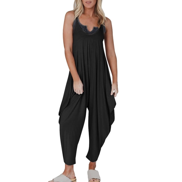 Gibobby pantalones siameses color liso Mono informal de verano para mujer, sin mangas, holgado, de Color sólido, con correa a la moda, mono holgado para mujer(Negro, XXXL)