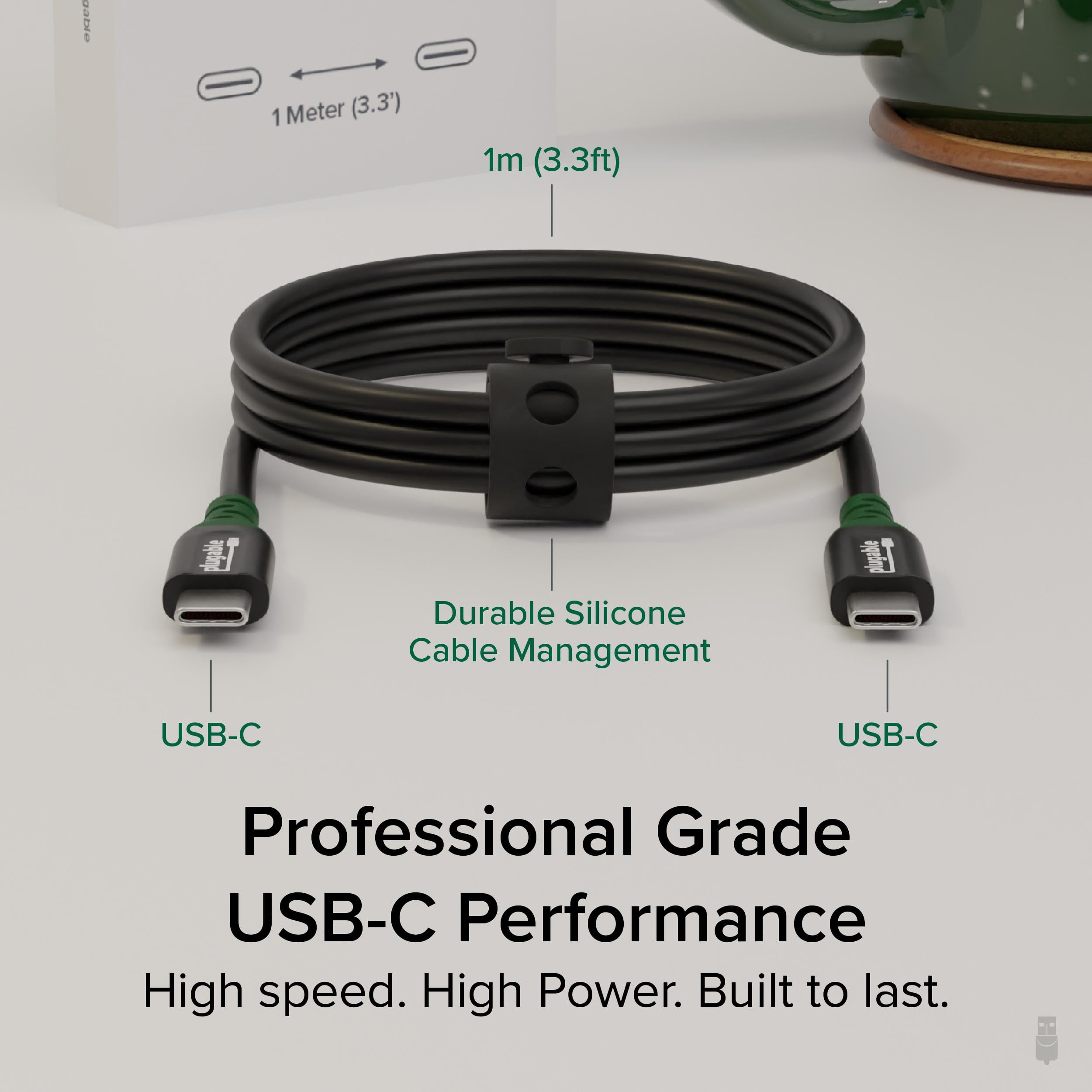 Plugable USB C to USB C Cable, 240W USB C Charging Cable 20Gbps, 4K 120Hz, 8K 60Hz USB-C Monitor, iPhone, MacBook, iPad, Samsung Galaxy, 3.3 Feet with Silicone Cable Management Strap (USBC-240W-1M)