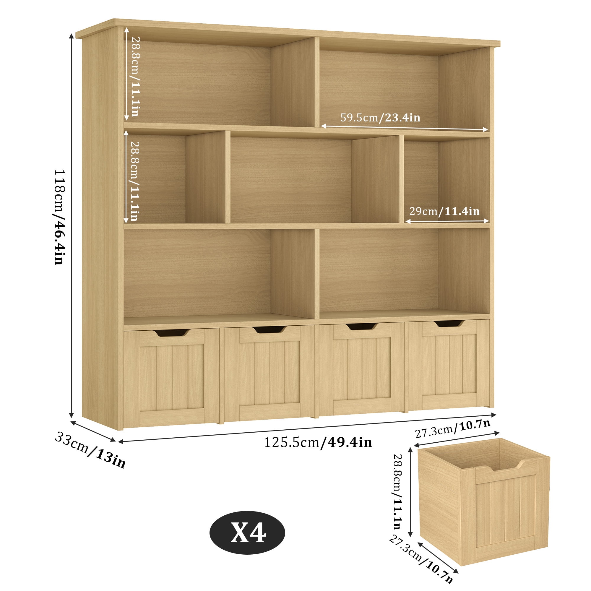 Homfa 7 Cube Toy Storage Organizer, Kids Geometric Bookcase and Bookshelf with 4 Drawers, Natural