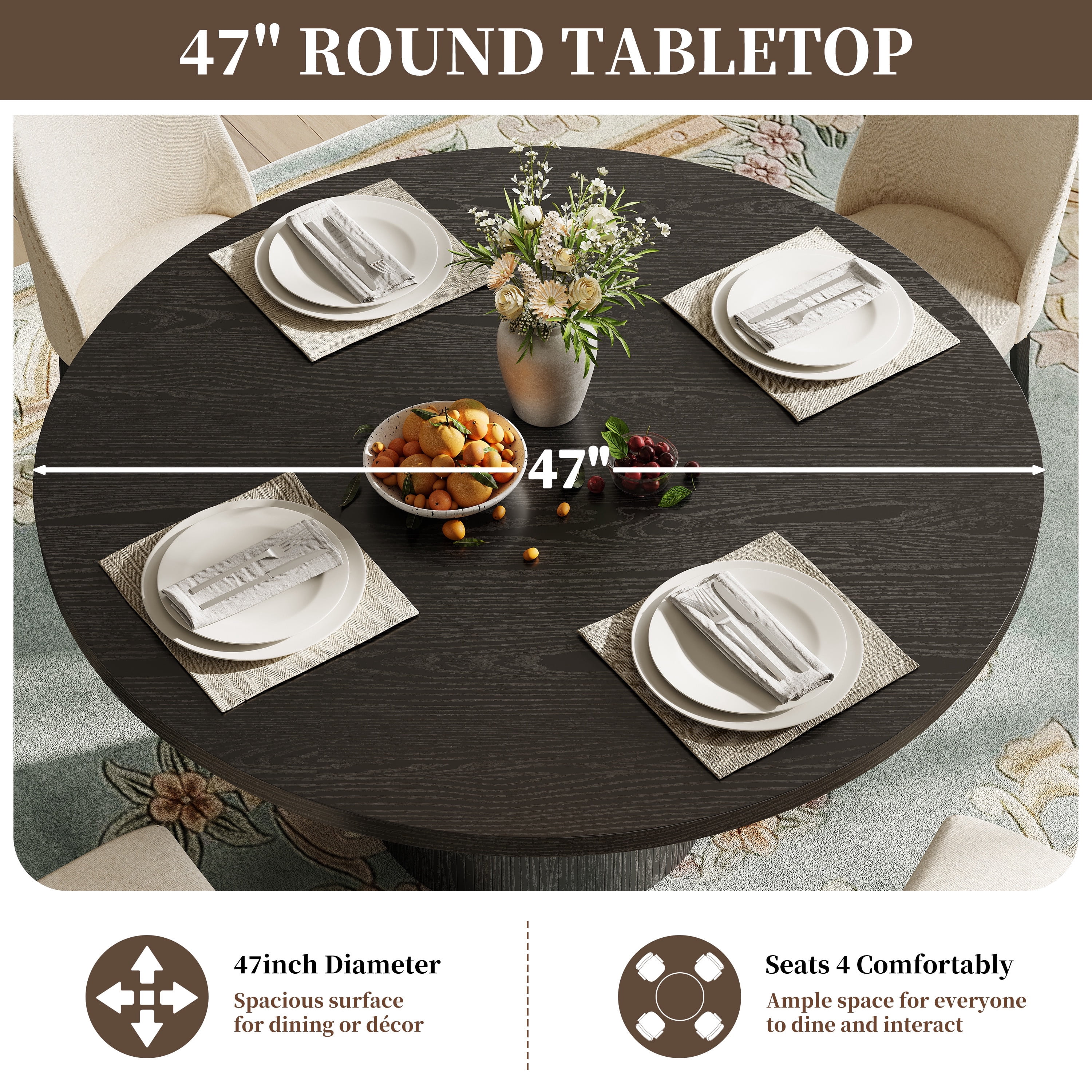 47" Dining Table, LEGAHOME Round Kitchen Table for 4, Wooden Circle Pedestal Table for Dining Room with 1.1in Thickness Tabletop, Black(Only Table)