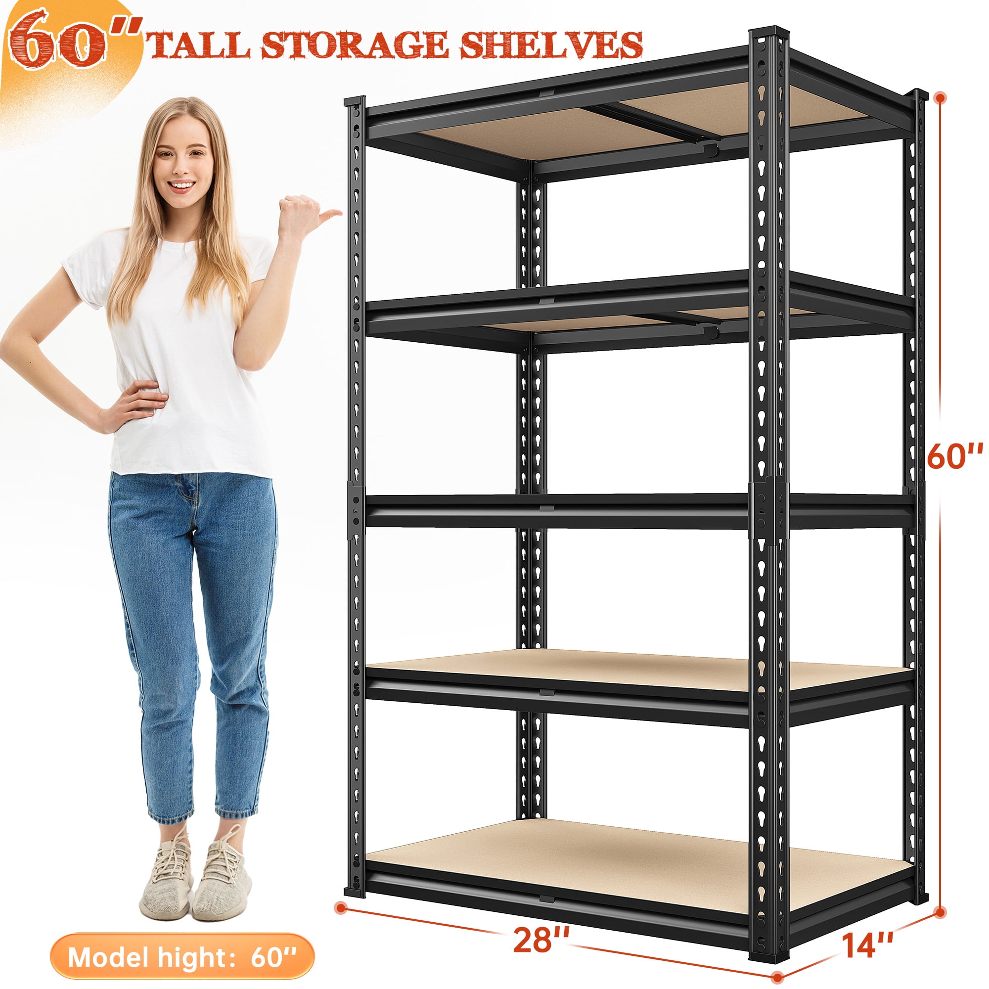 REIBII 2000LBS Garage Shelving 5-Shelf Boltless Storage Shelf Unit, Holds up to 400 lb Per Shelf