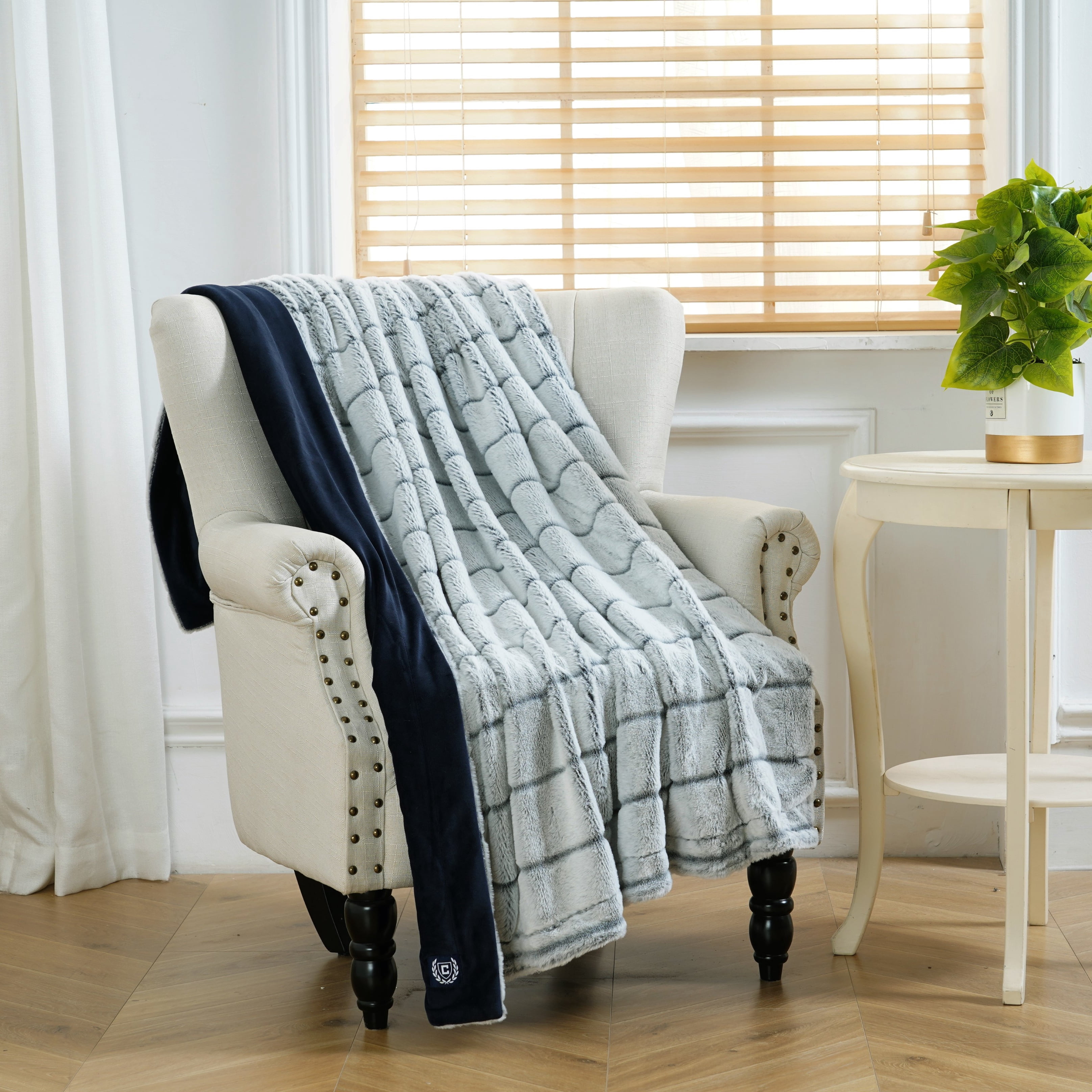 Chaps Faux Fur Plush Soft Ribbed Throw - 50" X 70", Navy