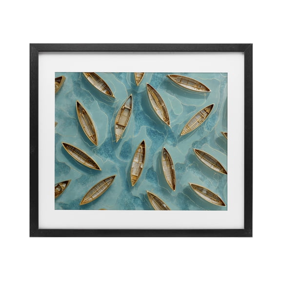 Harmonious Canoes on Water Black Framed Print Under Glass, design by Franklyn Gregory