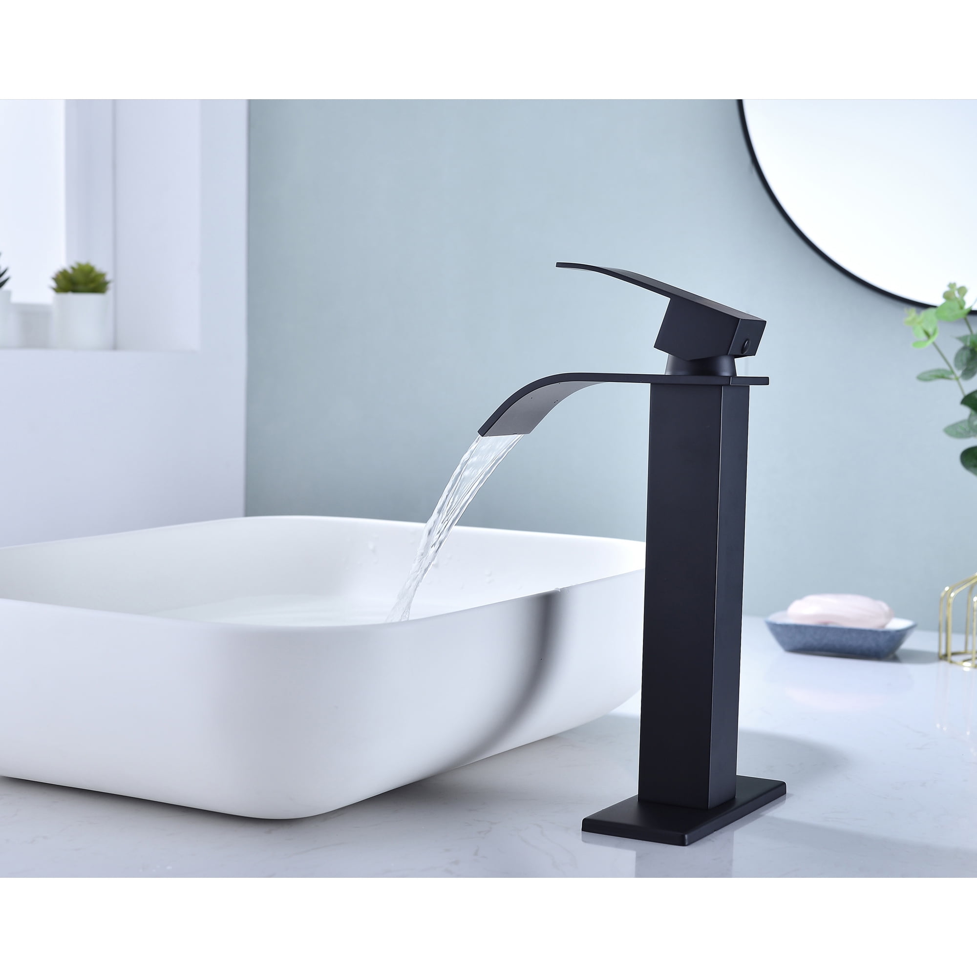 Single handle single hole waterfall spout bathroom vessel sink faucet with deck plate