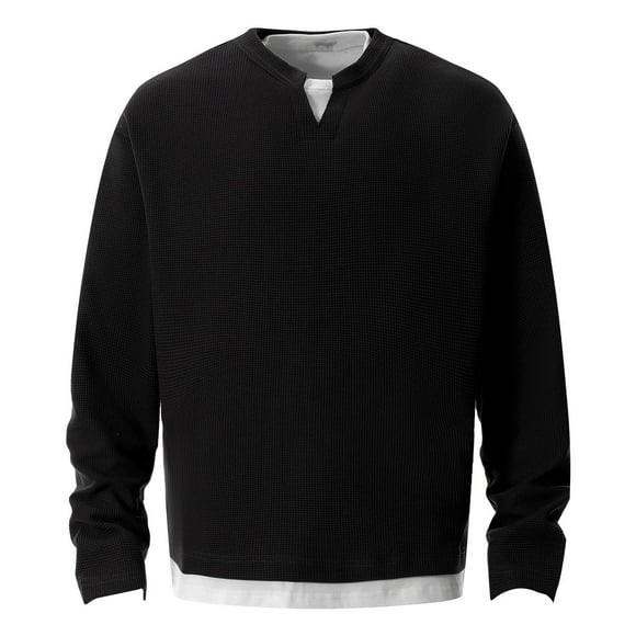 PMUYBHF Mens White Dress Shirt Slim Fit French Cuff Men's Two Solid Colour Long Sleeved T Shirt Round Neck Tops Casual Fashionable Matching Inner Sweater White Button Down Shirt Men Slim Fit