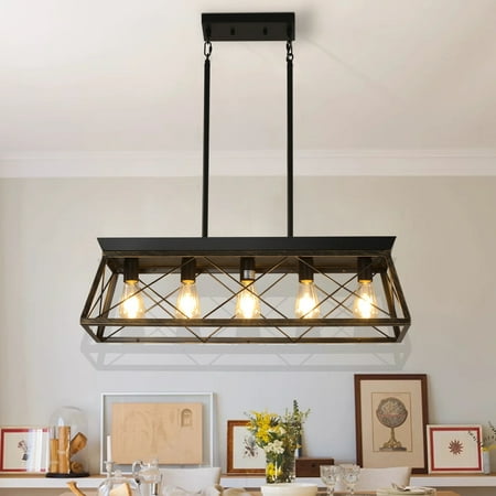 

5-Light Farmhouse Chandeliers for Dining Room Metal Rustic Pendant Island Light Fixture Modern Rectangular Island Lights for Kitchen Living Room(No Bulbs)
