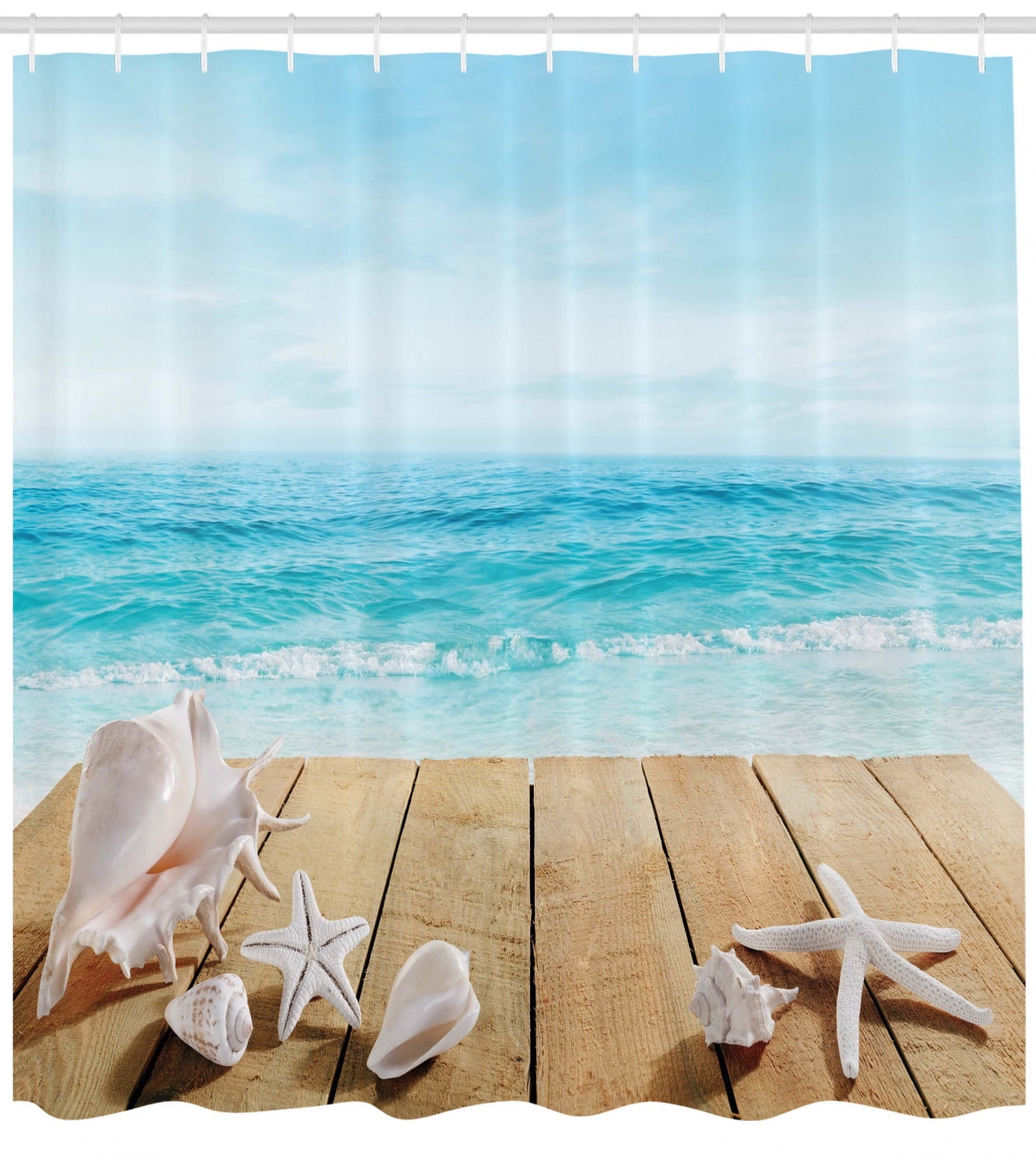 Seashells Shower Curtain Wooden Boardwald With Seashells Sunshine