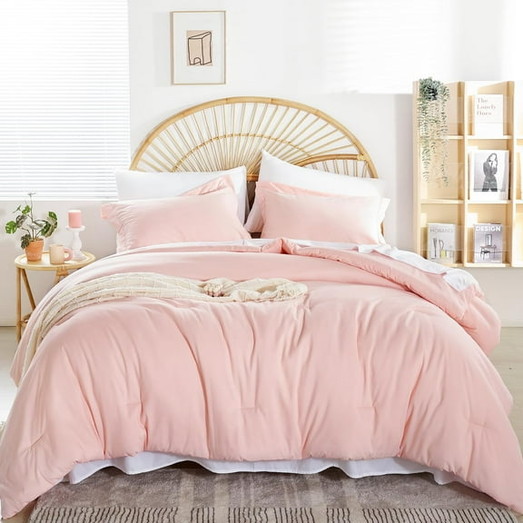 Full size comforter set 7 piece, blush pink microfiber bedding set with sheets, lightweight all season comforter for women s, boho bedroom decor, pink