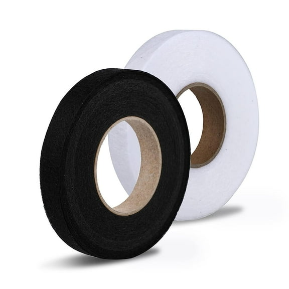 Ksopiavobs 2 Rolls 140 Yards Hem Tape, Iron-On Hemming Tape, No Sew Fabric Fusing Tape Fusible Web Tapes for Pants Jeans Trouser Skirt Fabric Clothes (Black 0.4inch, White 0.6inch in Width)