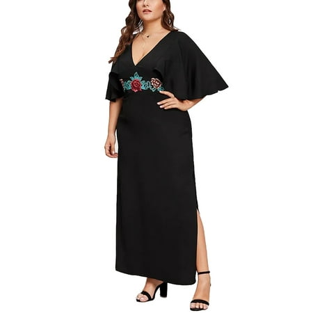 Embroidered Maxi - Plus Size Womens Embroidered Floral Print Maxi Dress Short Sleeve Evening Party