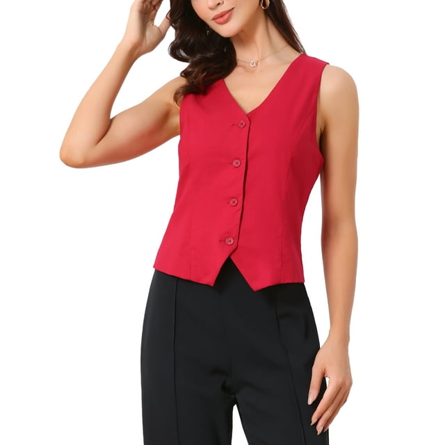Chaleco sin mangas de botón y cuello en V para mujer Inspire Chic, color rojo profundo, talla M