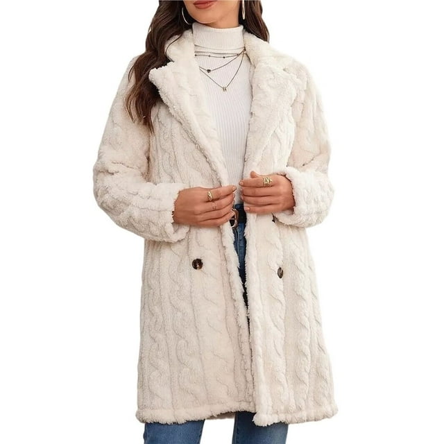 Abrigo de Felpa para Mujer, Cómodo, Informal, Cálido, con Cuello de Traje, Cruzado, Medio. Albaricoque XL