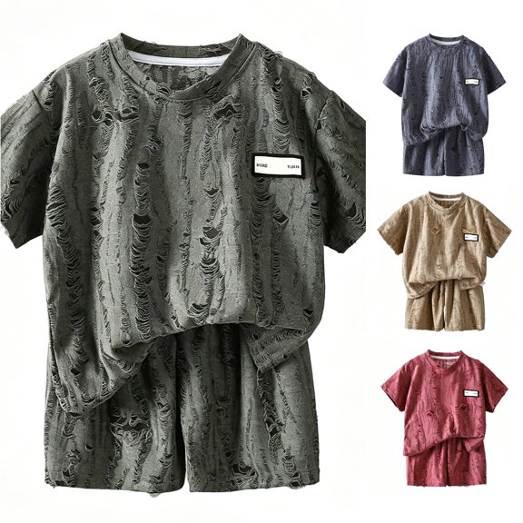 LIIPEE Summer Outfits For Boys Casual Solid Color Ripped Hole Short Sleeve Tees And Shorts 2 Piece Set Kids Breathable Comfortable Fashion Outfit Sets,7-8 Years