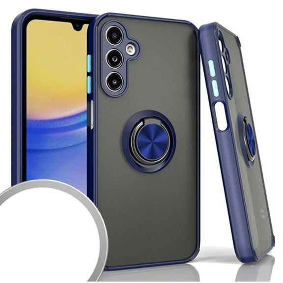 For Samsung Galaxy A15 5G S156V O-Ring Kickstand Cover Cell Case   Tempered Glass - Blue