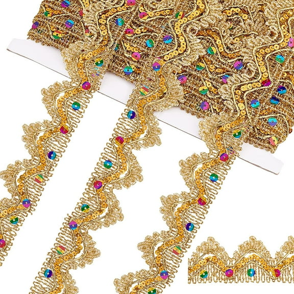 PH 9.8 Yards Golden Sequinned Lace Trim 1.5” Beaded Lace Metallic Ribbon Vintage Sequinned Ribbon Edging Trim for Ornament Wedding Dress Hair Hat Bag Decoration Gold