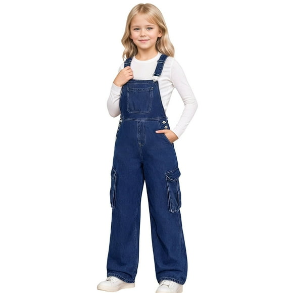 Wdgfv Girls Denim Overalls,Kids Star Patchwork Adjustable Straps Straight Leg Stretchy Jean Jumpsuit Dungarees Pants Dark Blue 13-14 Years