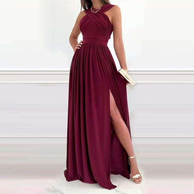 Gspmoly Robe d'Été, Robe d'Été pour Femme Aguichant Unie Dos Nu Col Ourlet Fendue Robes Robes de Mariage pour Femmes Offres Prime