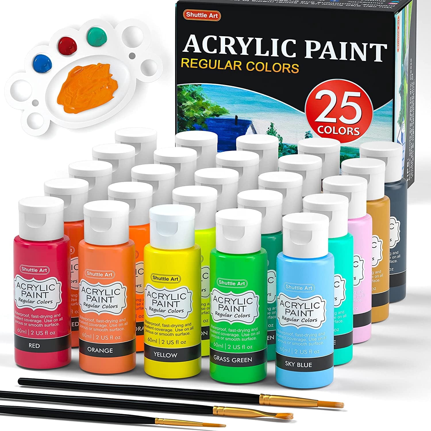 (3 pack) Acrylic Paint, Shuttle Art 25 Colors Acrylic Paint Set, 2oz/60ml Bottles, Rich Pigmented, Waterproof, Premium Acrylic Paints for Artists, Beginners and Kids on Canvas Rocks Wood Ceramic Fabric
