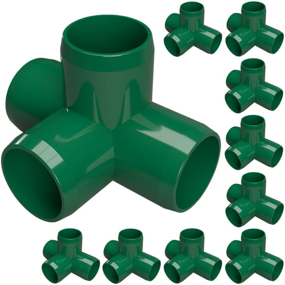 FORMUFIT 1/2" 4-Way Tee Furniture Grade PVC Pipe Fittings, (13/16" Actual Socket ID), Green, 10-Pack