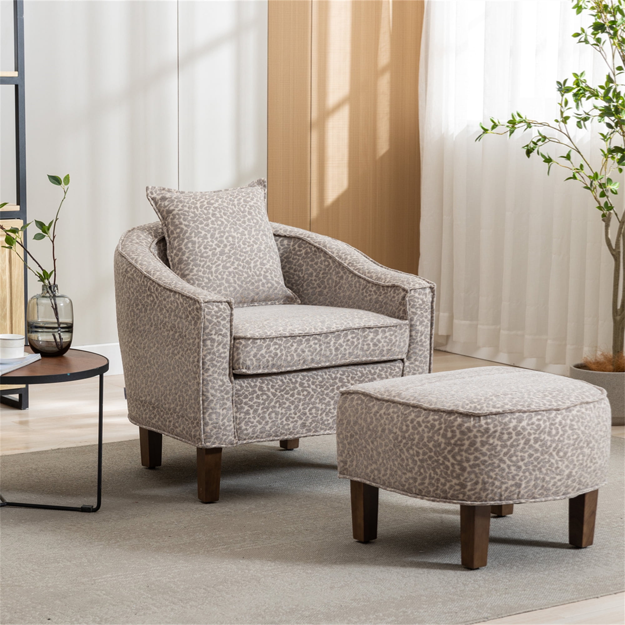 Accent Chair with Ottoman, Mid Century Modern Barrel Chair, Upholstered