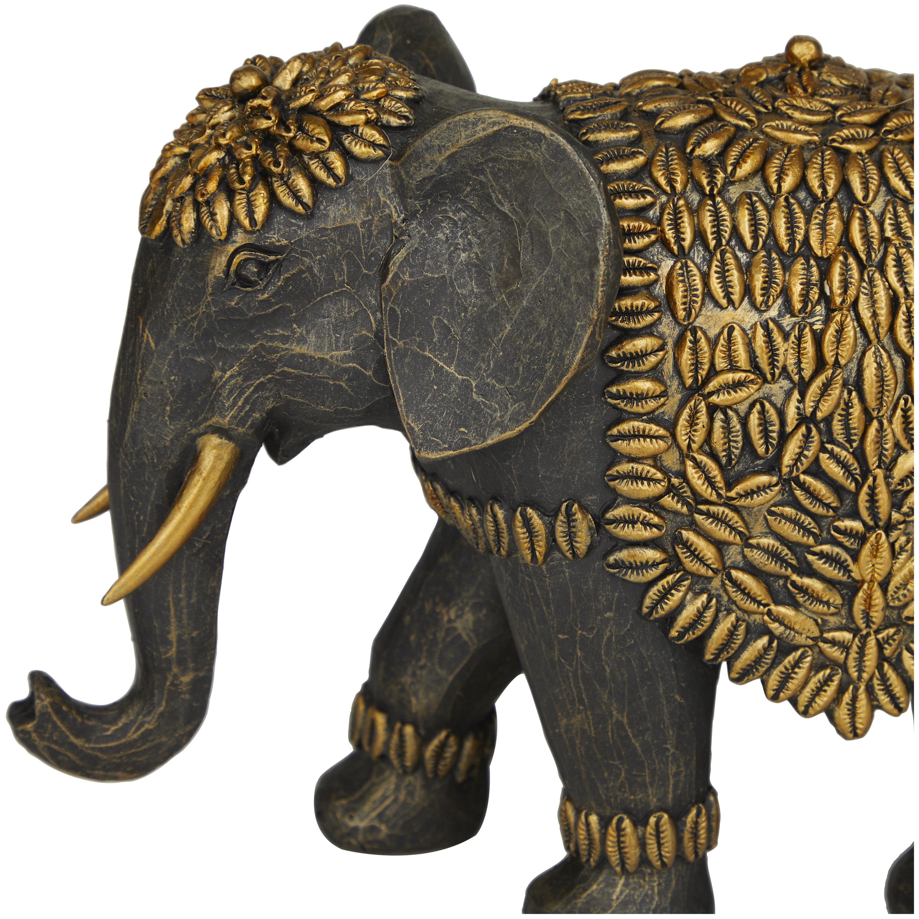 5" x 7" Black Polystone Elephant Sculpture with Cowrie Shell Carvings, by DecMode