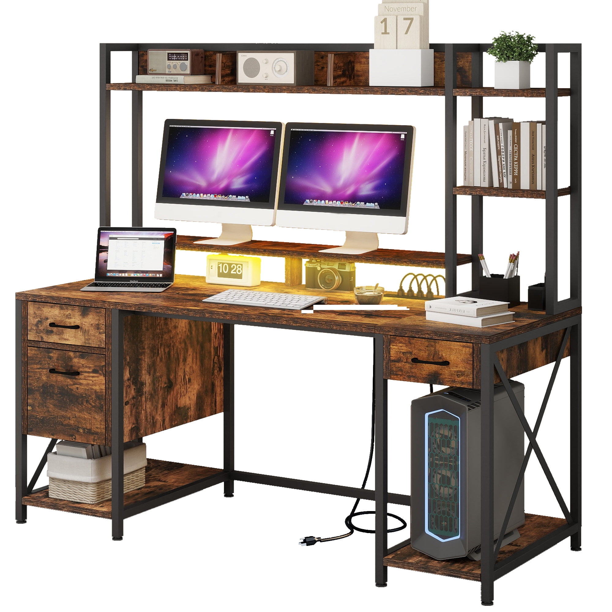 Uforic 59 "Computer Desk with Power Outlets & LED Light, Office Desks with Hutch & Monitor Stand, Gaming Desk Executive Desk with Storage Shelves for Home Office , Brown