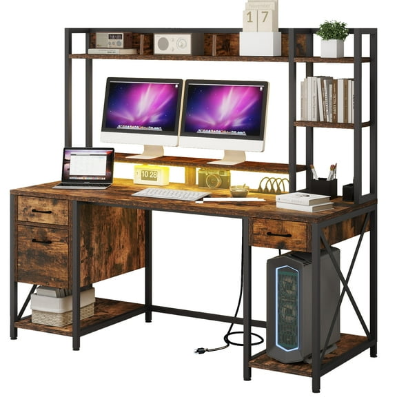 Uforic Computer Desk with Hutch& Led Light, Gaming Desk with Power Outlets, Home Office Desk, Brown