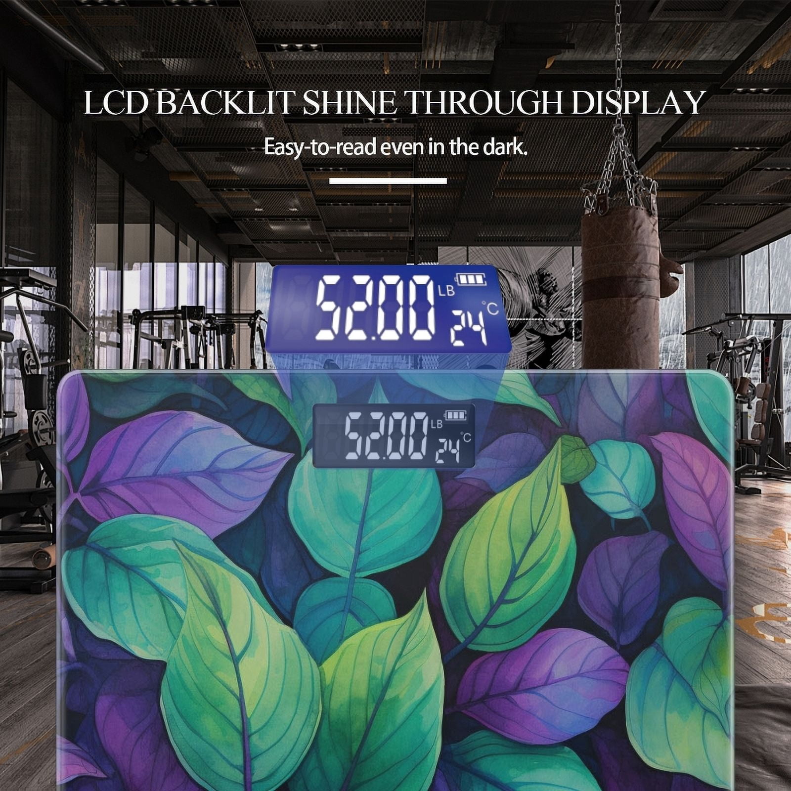 High Precision Body Weight Scale Smart Bathroom Scales with Large LCD Display(400lbs),Decorative for Bedroom-Watercolor Painting Of Vibrant Green And Purple Leaves