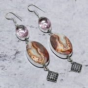 Natural Crazy Lace Agate, Kunzite 925 Sterling Silver Gift Earring 3.35"