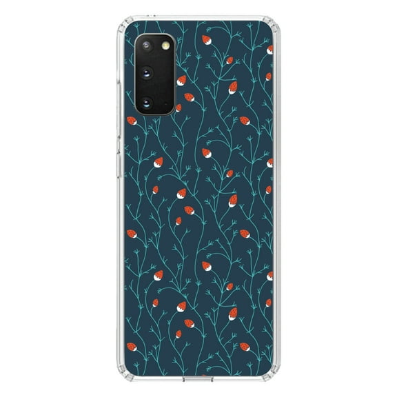DistinctInk Clear Shockproof Hybrid Case for Galaxy S20 / S20 5G (6.2" Screen) - TPU Bumper, Acrylic Back, Tempered Glass Screen Protector - Modern Floral - Strawberry Vine - Teal Navy
