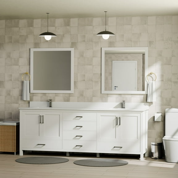 Jacques 80 in W White Double Bath Vanity, White Quartz Top, Faucet Set, and 30 in Mirrors
