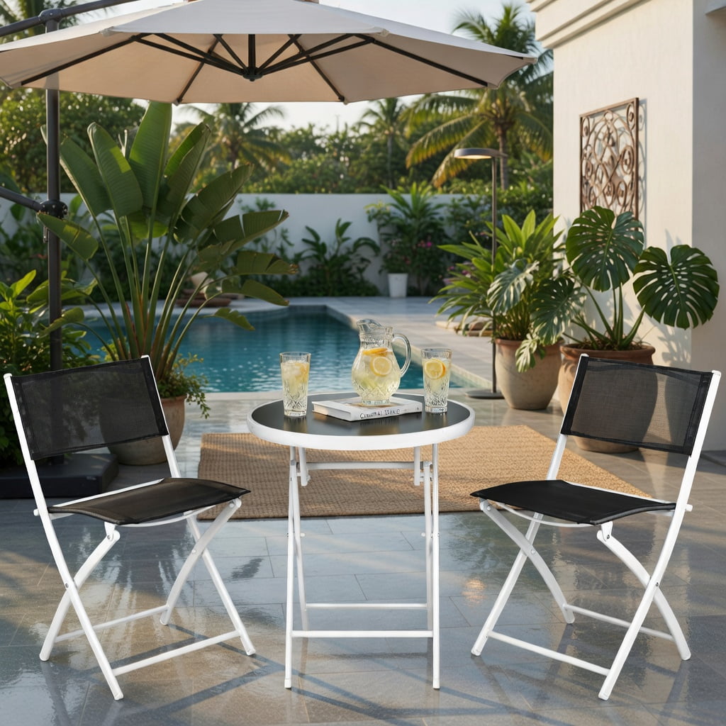 Hommoo 3-Piece Folding Outdoor Bistro Set, 2 Steel-Frame Chairs + Tempered Glass Coffee Table for Balcony, Patio & Deck, Black