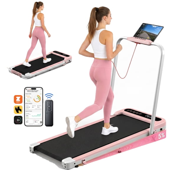 YZRUN Foldable Treadmill with 10% Incline, Under Desk Walking Pad with Handle Bar, 320 LBS Capacity, Pink