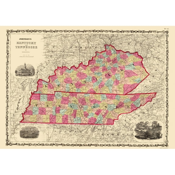 Historic State Map - Kentucky Tennessee - Johnson 1864 - Vintage Wall Art