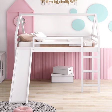 House Loft Bed Frame with Slide  Full Size Loft Bed with Guardrail and Built-in Ladder  for Kids  Teens  White