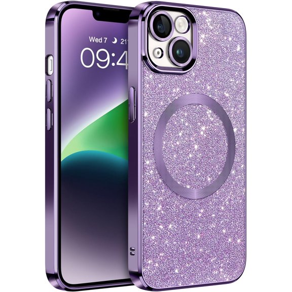 Case for iPhone 14 Case with Magnetic [Compatible with MagSafe] Luxury Clear Glitter Bling Shockproof Protective Cover Full Camera Lens Protector Women Girls- Purple