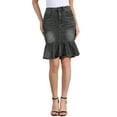 thumbnail image 1 of Falda de mezclilla ajustada con volantes en la parte inferior, de longitud a la rodilla, para mujer, en gris y negro., 1 of 6